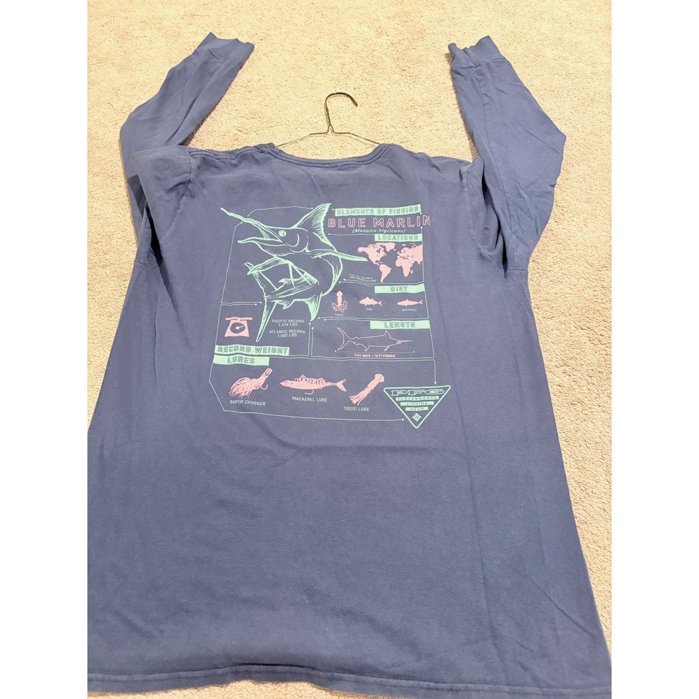 Columbia PFG Mens Blue Marlin Graphic Long Sleeve T-Shirt Navy Blue Medium